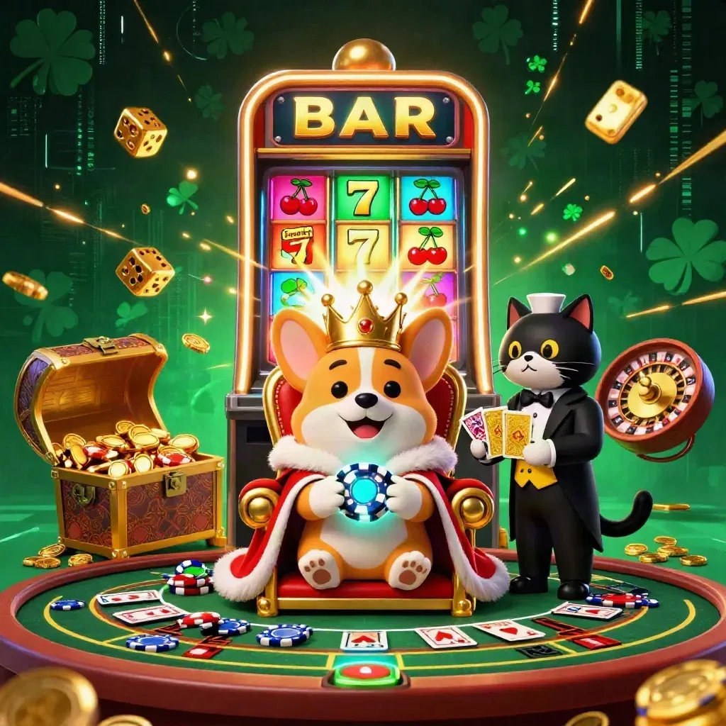 Royal corgi and cat butler amid slot bursts, chips, gold, dice, roulette, and neon casino glow.