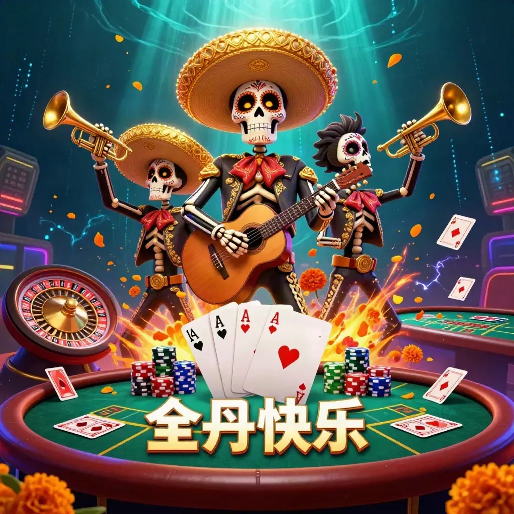 Skeleton mariachi trio amid casino magic, gold glow, cards, chips, petals, and neon energy