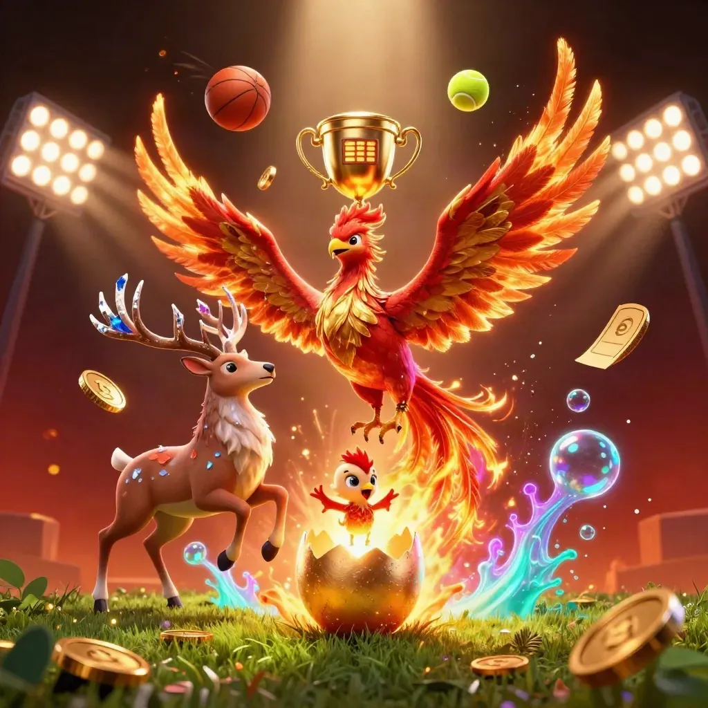 Phoenix, stag and sports balls erupt in a glowing casino arena, ground-level cinematic splash art