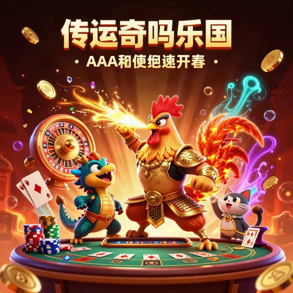 Rooster warrior, dragon hatchling and lucky cat amid casino treasure, sparks and spinning roulette.