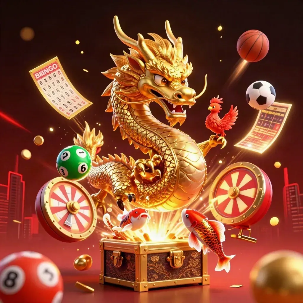 Golden dragon, phoenix, koi and sports balls erupt in casino glow over dark skyline.