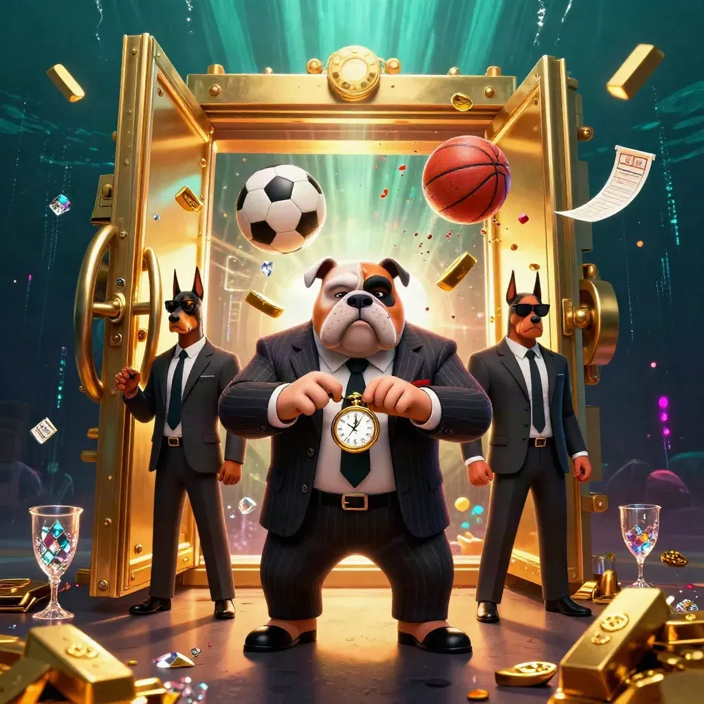 Bulldog boss and Dobermans by a blasting gold vault, balls and jewels flying