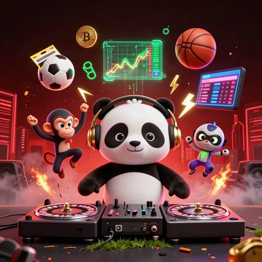 Panda DJ, breakdancing monkey and glow-stick kitten amid flying balls, neon coins and casino light.