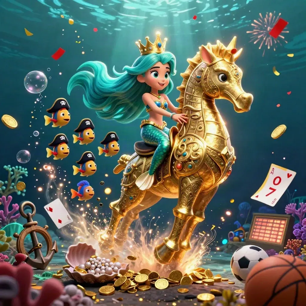 Mermaid princess on armored seahorse with pirate fish, coins, bubbles, and casino sports props underwater.