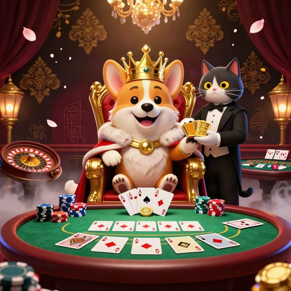 Royal corgi and cat butler in a glowing casino hall with chips, cards, and a spinning roulette wheel.