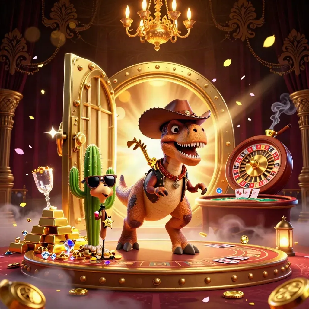 3D cowboy T-Rex, cactus and roadrunner amid vault gold, casino glow, smoke, petals, and jewels.