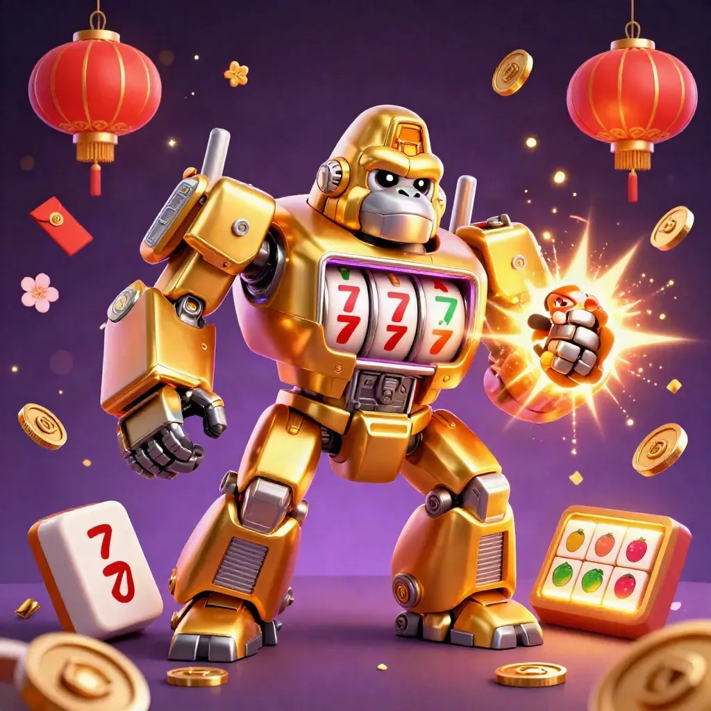 Golden gorilla mech with tiny monkey pilot exploding with casino charms in a purple starfield.