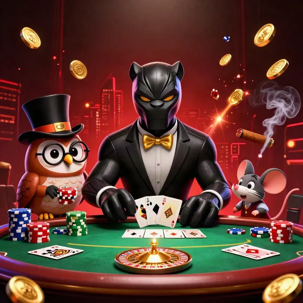 Panther, owl, and mouse at a glowing casino table with chips, cards, coins, and a spinning roulette wheel.