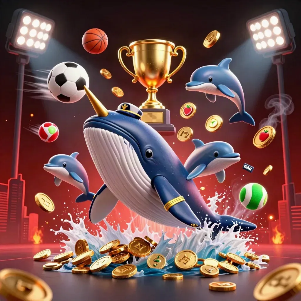 Whale captain, narwhal, and dolphins burst through coins with casino lights and ember glow.