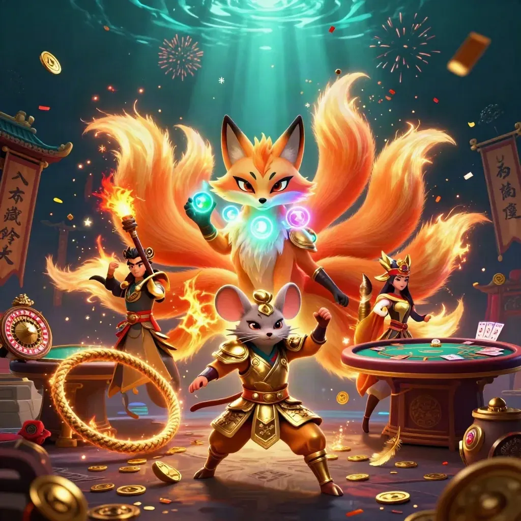Neon fox spirit and armored mouse in a casino-temple scene with gold, confetti, and roulette.