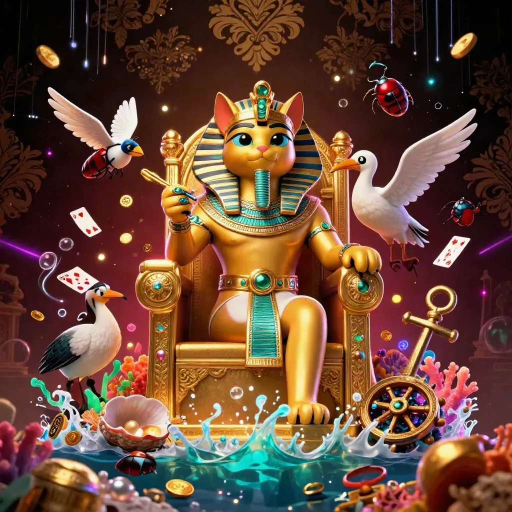 Pharaoh cat, ibis scribe, and gem-wing scarabs amid treasure, coral, and casino glow.