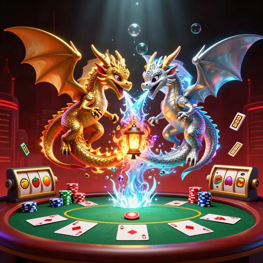 Gold and silver dragons spiral with casino props, gems, neon glow, and dramatic effects.