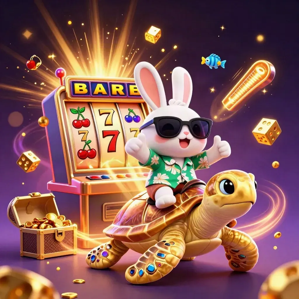 Rabbit on a gold turtle amid casino bursts, dice, gems, and glowing purple space.