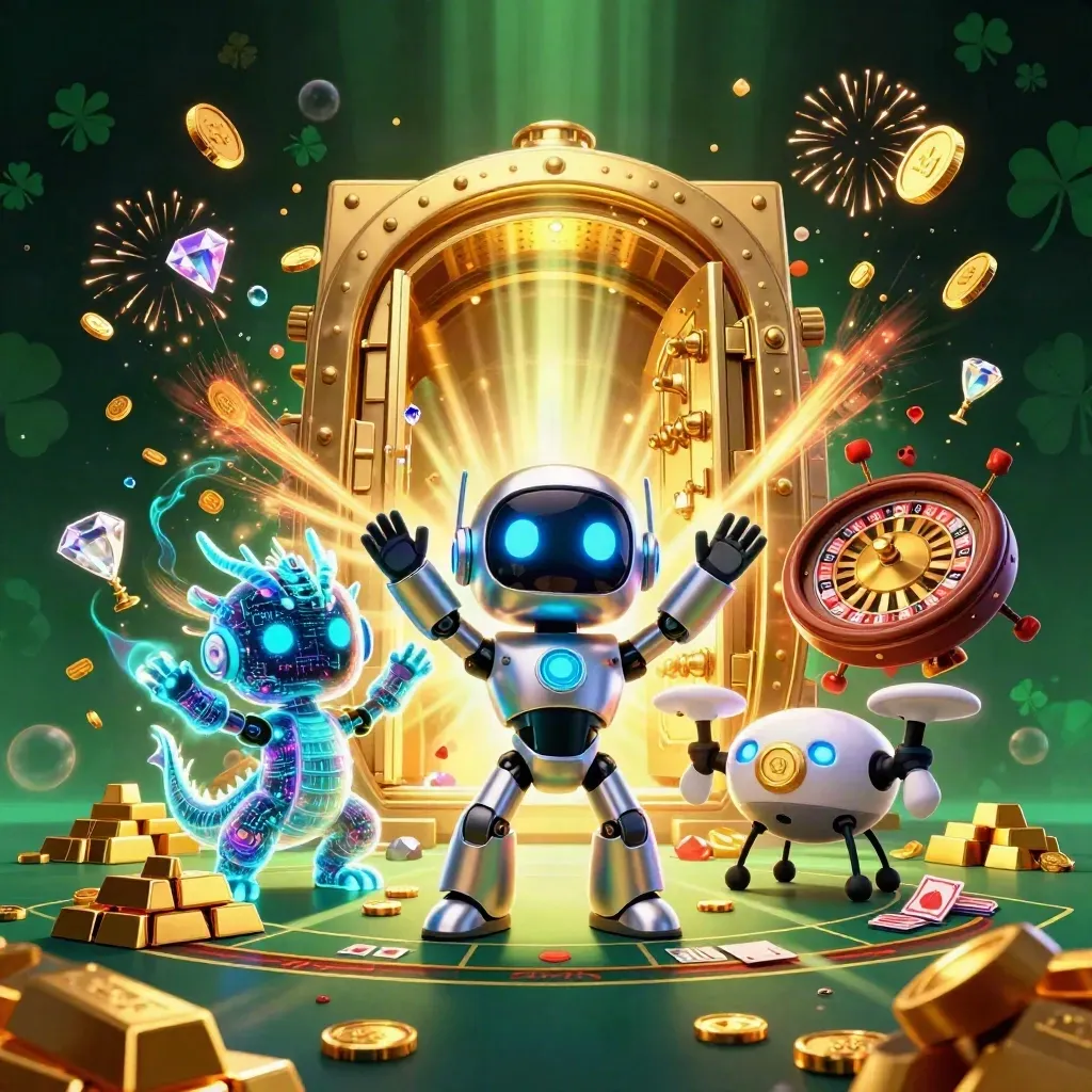 Cyberpunk robot, hologram dragon, and drone explode from a gold vault with casino treasures
