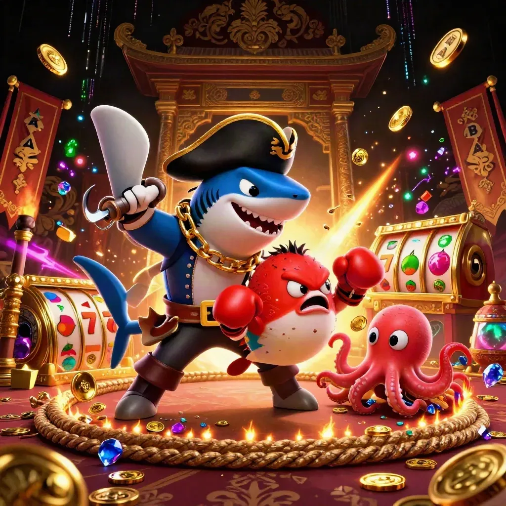 Pirate shark, boxing pufferfish, and coin-juggling octopus amid casino treasure and neon effects.