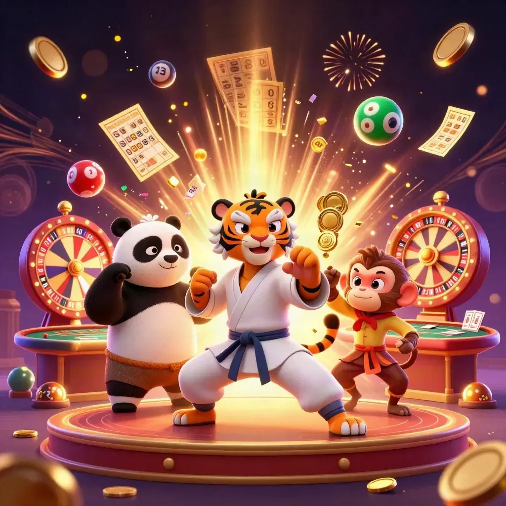 Tiger, panda, and monkey explode with casino gold, wheels, cards, and fireworks.