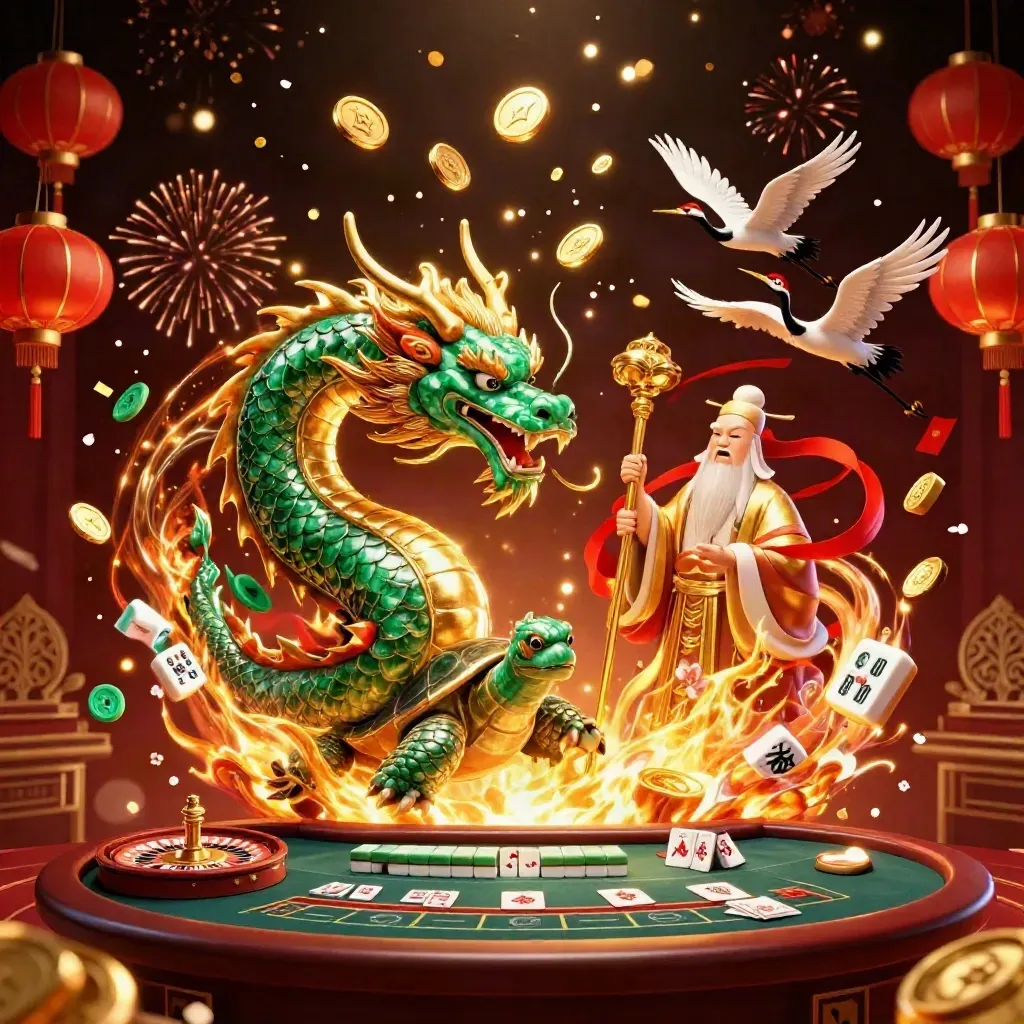 Dragon, turtle sage, and cranes amid gold coins, fireworks, mahjong tiles, and casino glow.