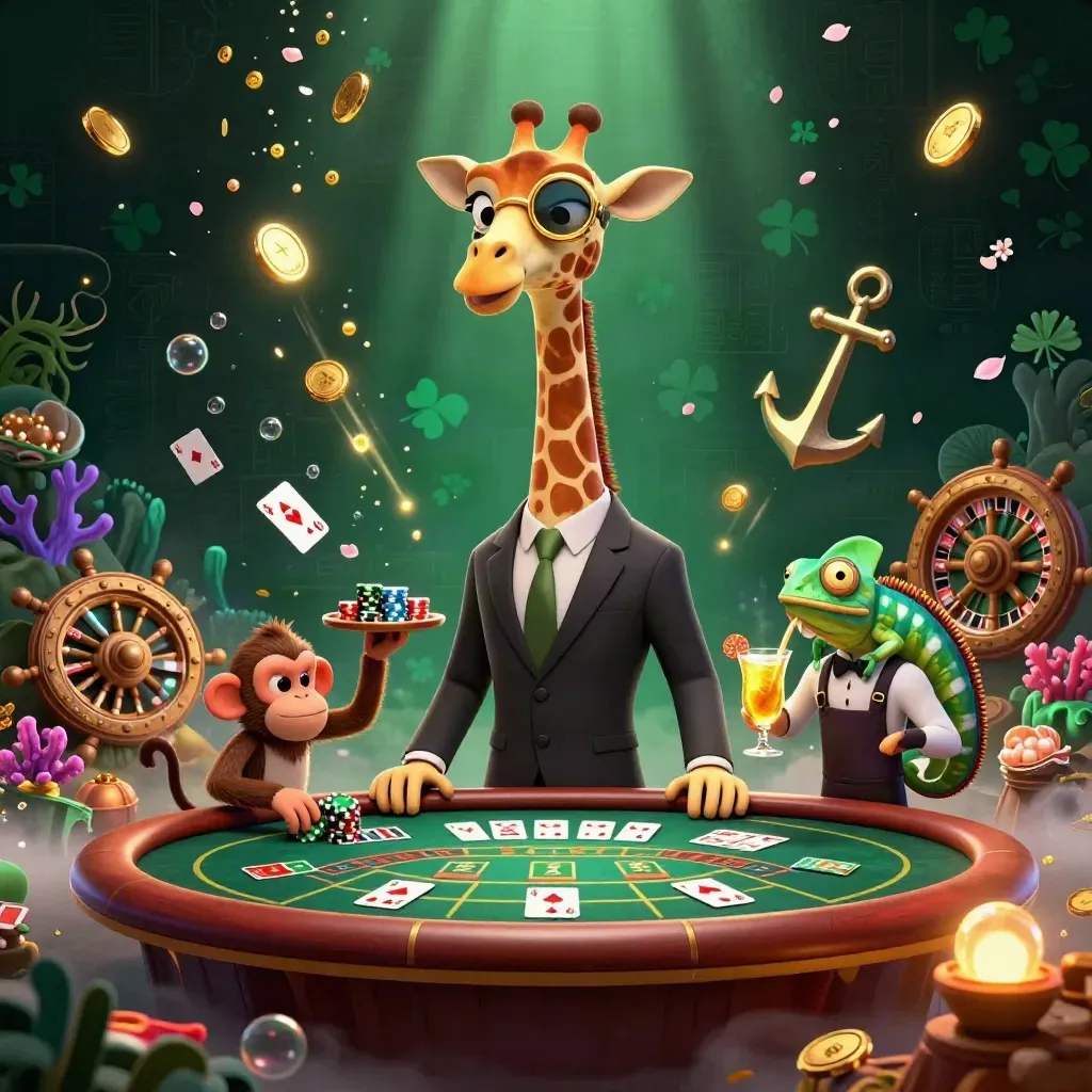 Giraffe, monkey, and chameleon in a luxe casino treasure burst with coins, coral, and glowing tables.