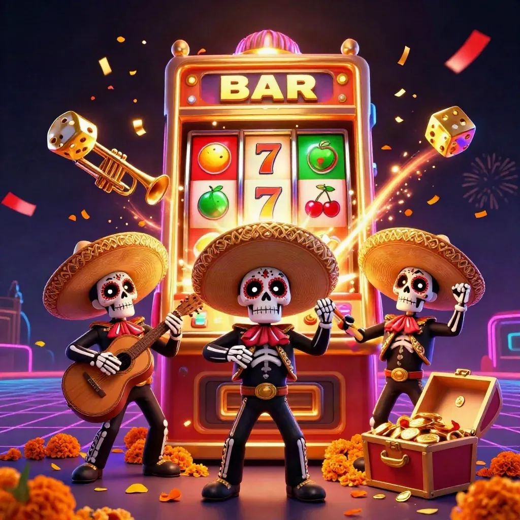 Three skeleton mariachi performers with a bursting slot machine and gold coins on a dark neon casino background.