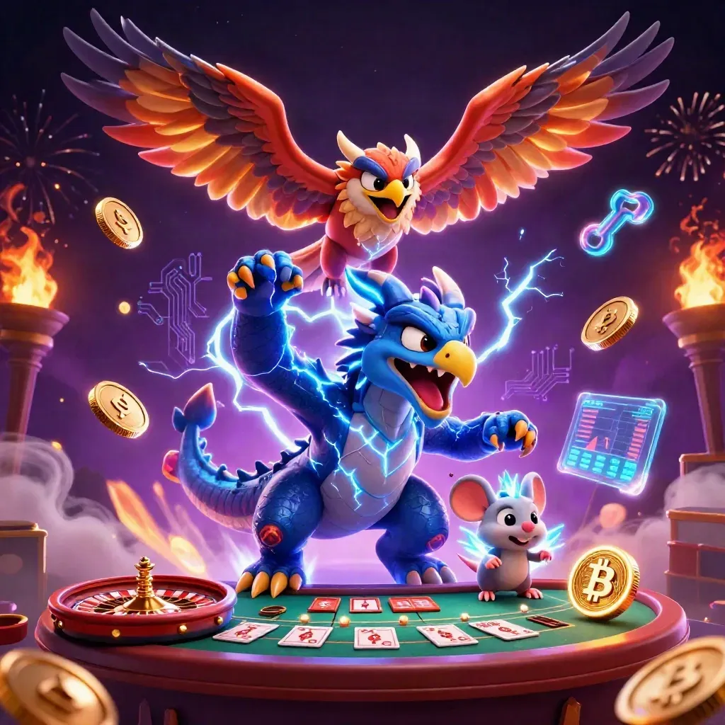 Thunder dragon, hawk, and mouse amid coins, roulette wheel, and neon casino magic