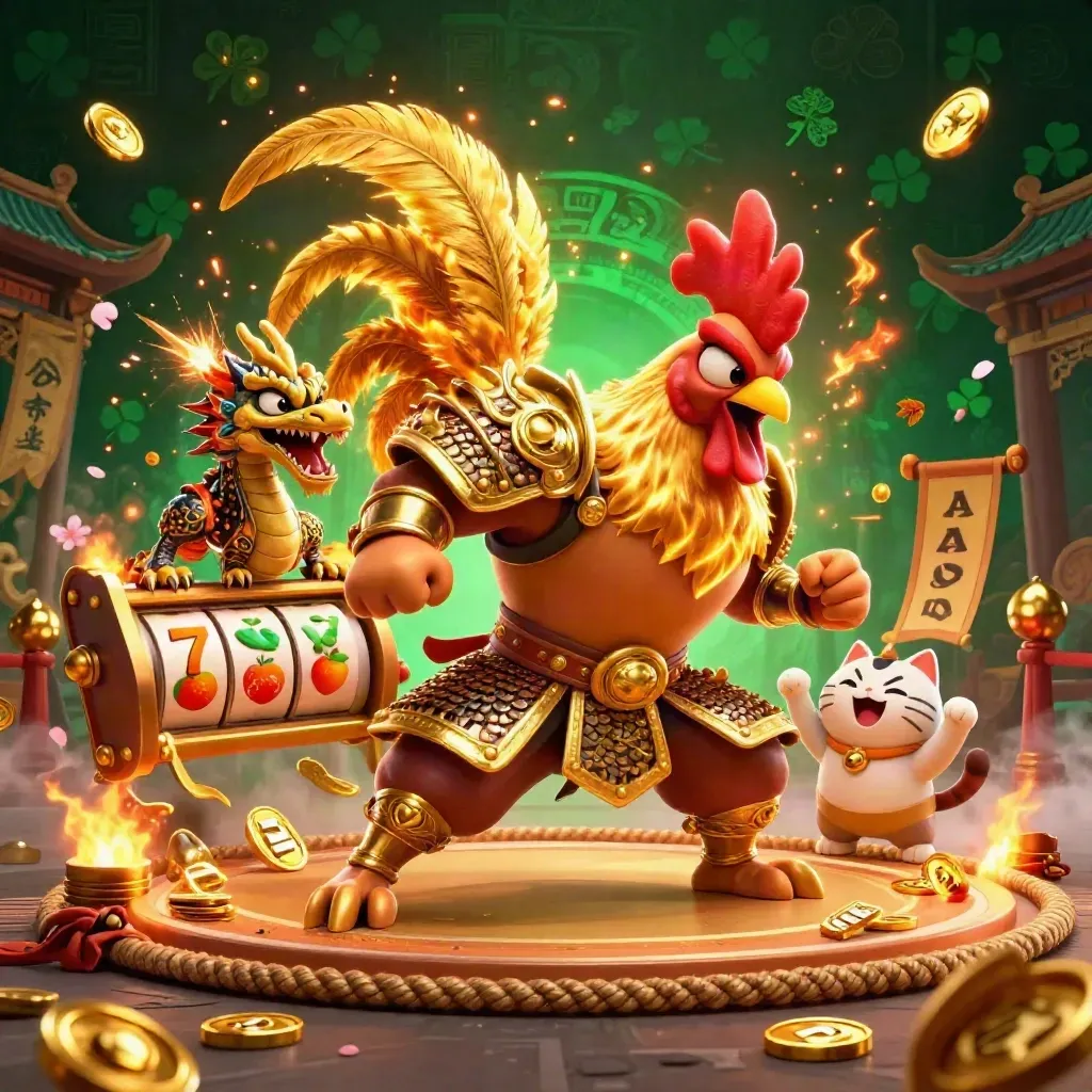 Rooster samurai, spark-breathing dragon hatchling, and cheering fortune-cat in a casino battle burst.