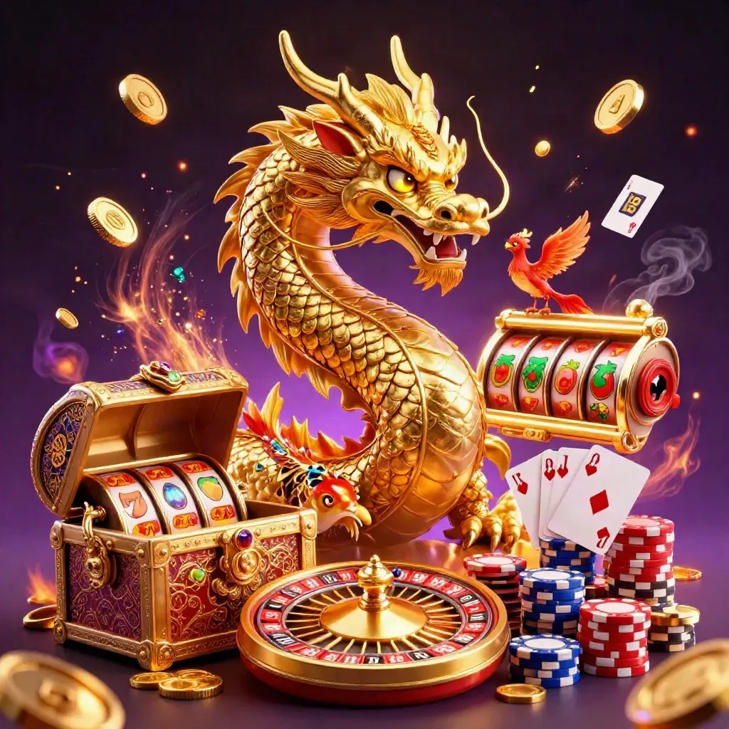 Golden dragon, phoenix, koi, coins, roulette wheel, chips, and casino glow on dark purple.