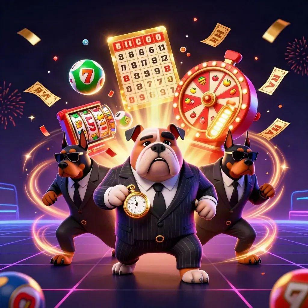 Bulldog mafia boss with two Doberman guards amid casino reels, balls, gold tickets and neon glow.