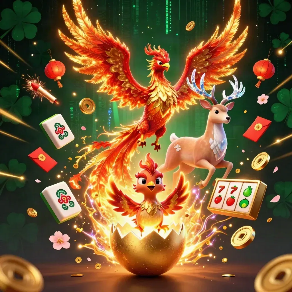 Fire phoenix, hatching baby phoenix, and crystalline stag amid casino charms on a dark emerald glow.