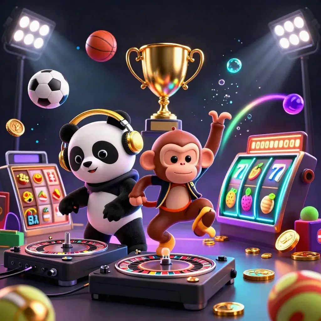 DJ panda, breakdancing monkey, and rave kitten amid casino and sports effects.