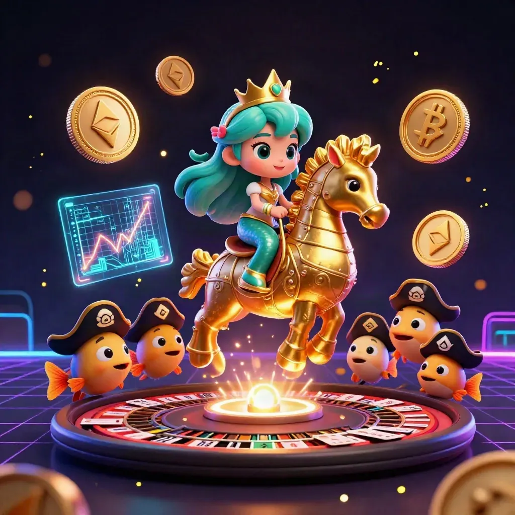 Mermaid princess on gold seahorse with pirate fish, coins, roulette and blackjack glow